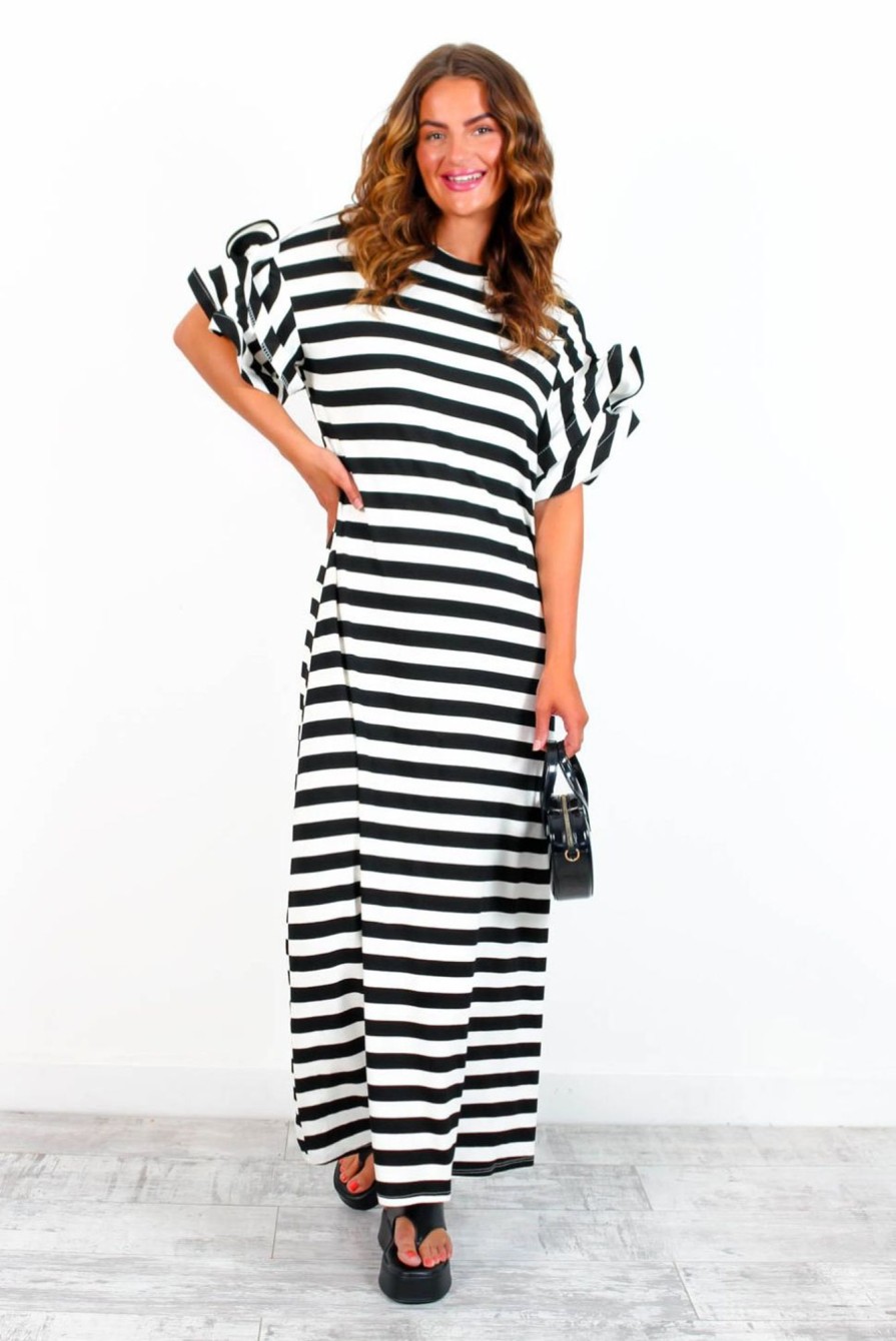 Clothing B GIRL | Casual Feelings - White Black Stripey Ruffle Sleeve Maxi Dress Monochrome