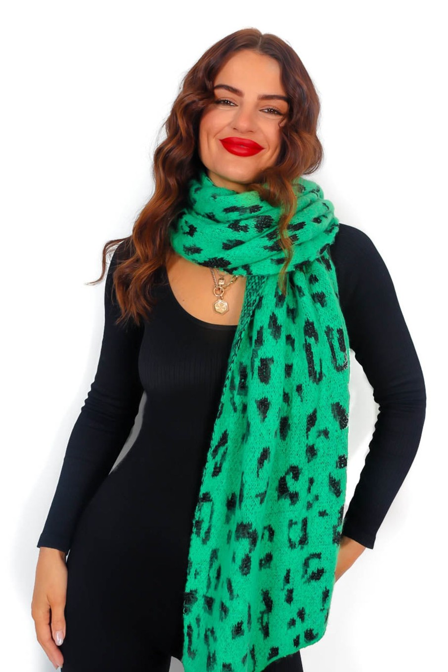 Accessories Fashion Scarf World | Keep Her Wild - Green Leopard Print Metallic Scarf