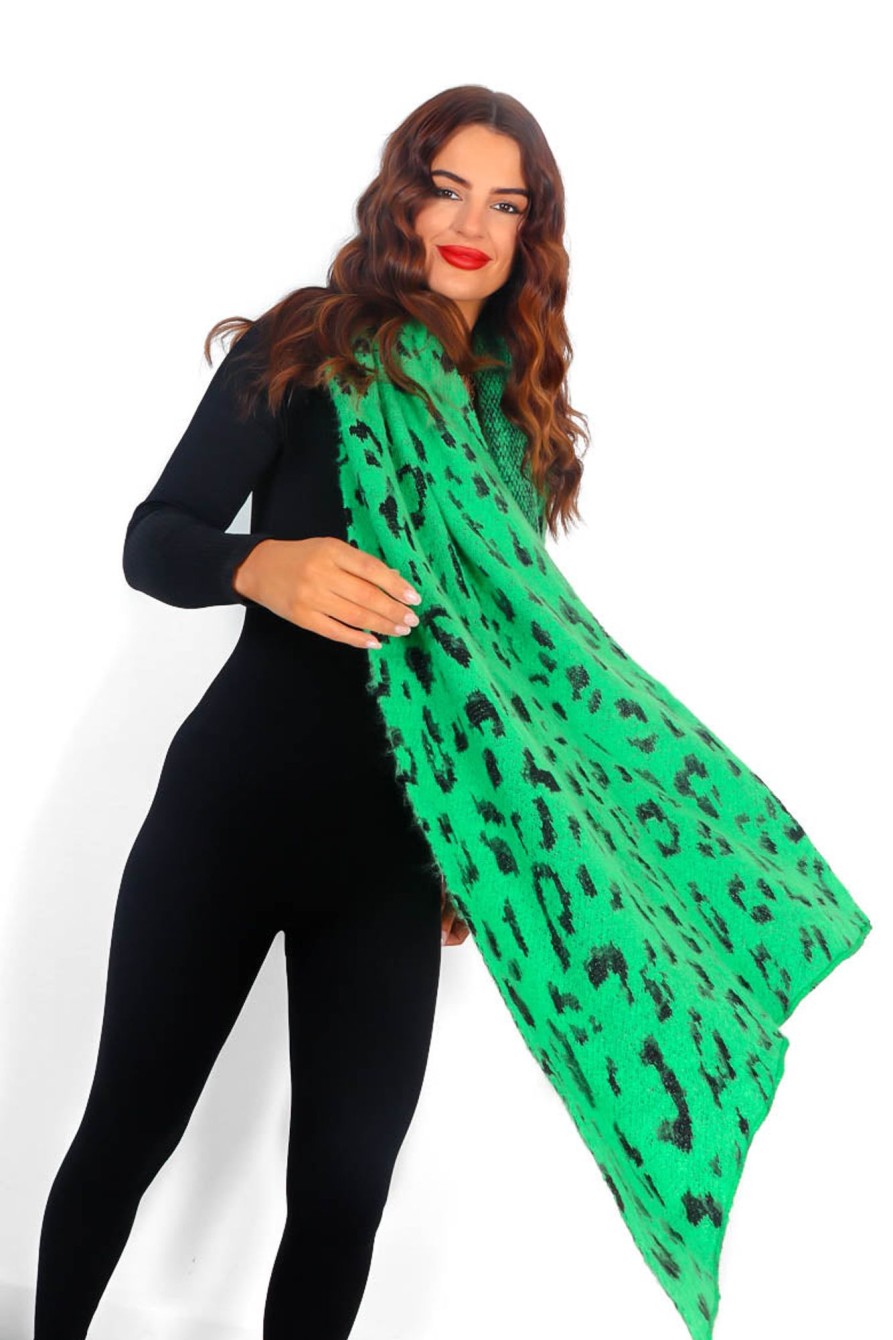 Accessories Fashion Scarf World | Keep Her Wild - Green Leopard Print Metallic Scarf