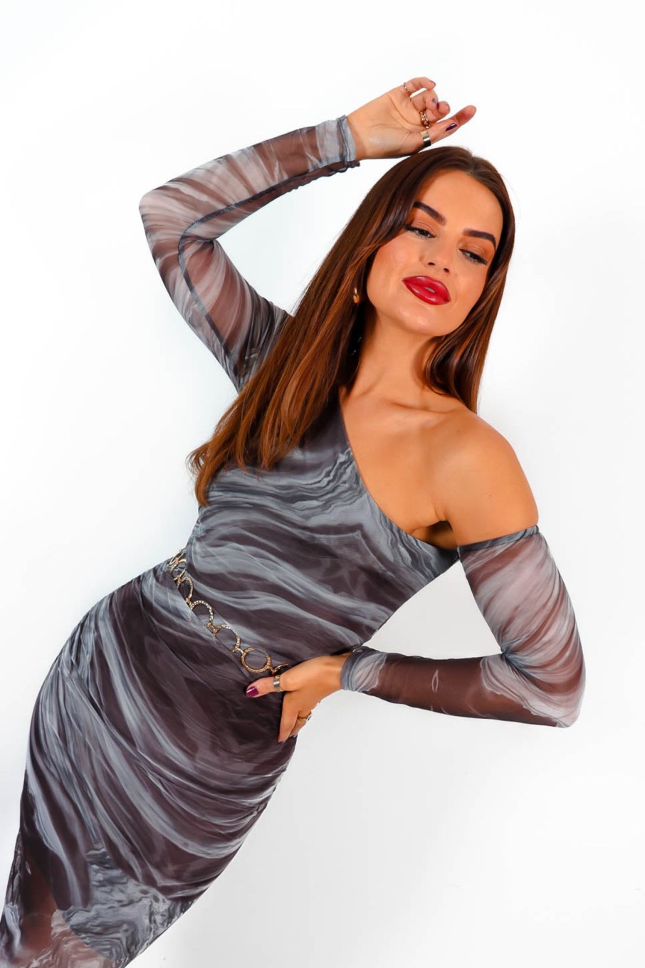 Clothing BGIRL | One And Only - Taupe Tie-Dye Mesh One Shoulder Midi Dress Neutral