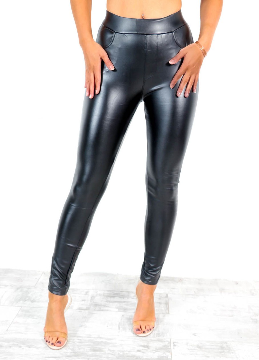 Clothing Denim Club | Pu Again Faux Leather Pocket Detail Leggings Black