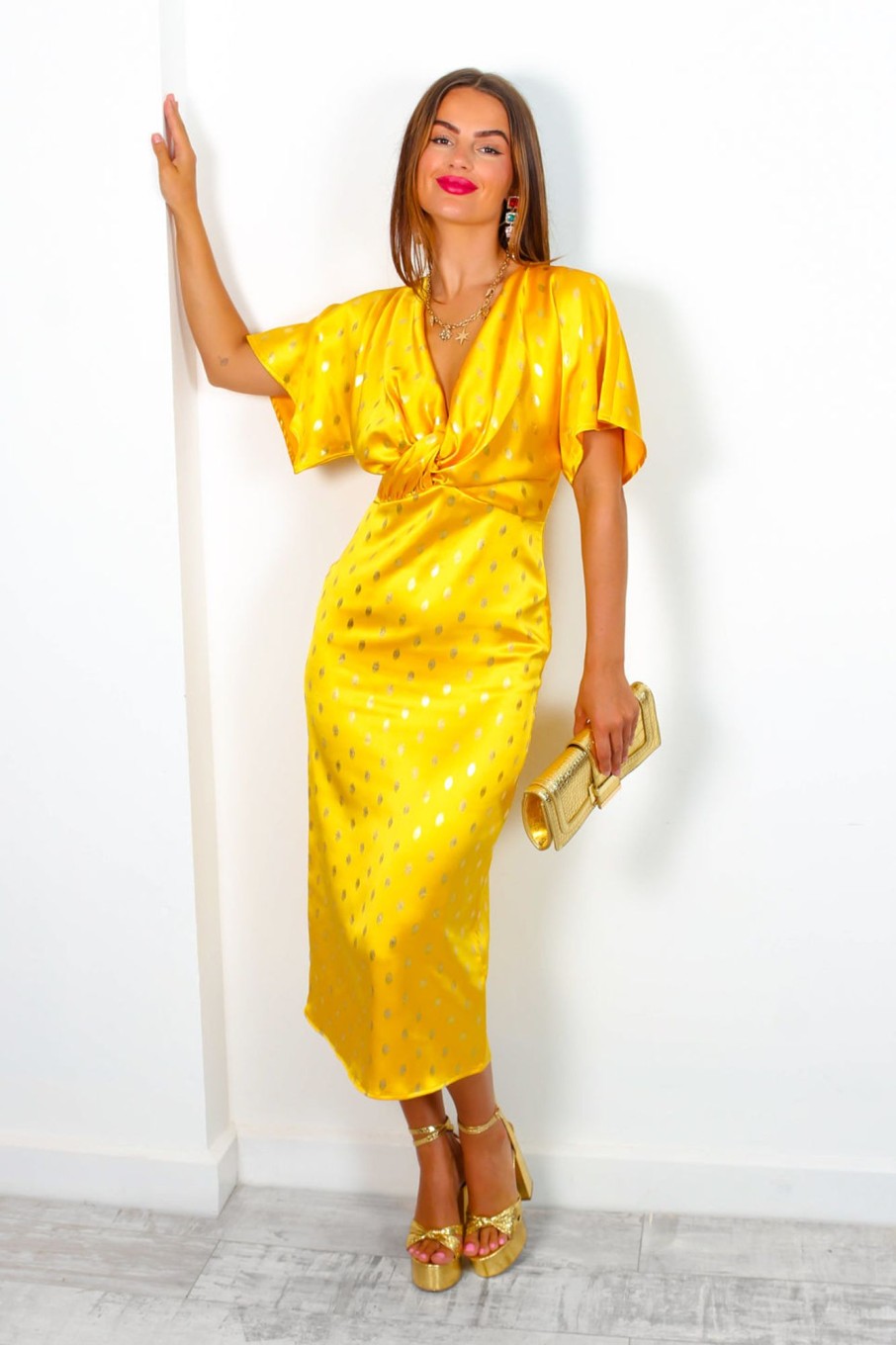 Clothing Moguland | Forget Me Knot - Mustard Gold Foil Midi Dress Yellow