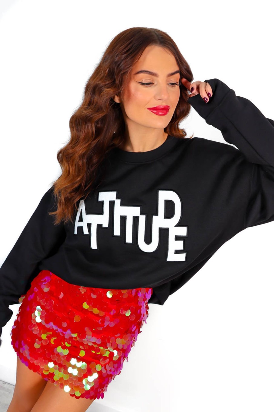 Clothing STYLEWISE | She'S Got Attitude Embroidered Slogan Sweatshirt Black