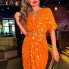 Clothing GIRL IN MIND | Cocktail Oclock - Orange Gold Feather Midi Dress