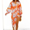 Clothing GIRL IN MIND | Its Not Over - Orange Pale Blue Tropical Print Gathered Midi Dress