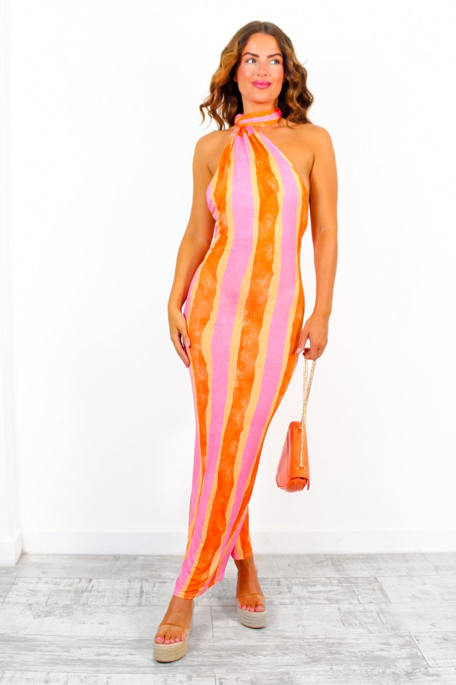 Clothing B GIRL | Focus On Me Pink Stripe One Shoulder Maxi Dress Orange