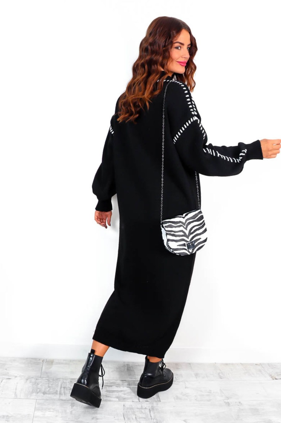 Clothing B GIRL | Fashion Moment - Black White Stitch Detail Knitted Dress Monochrome