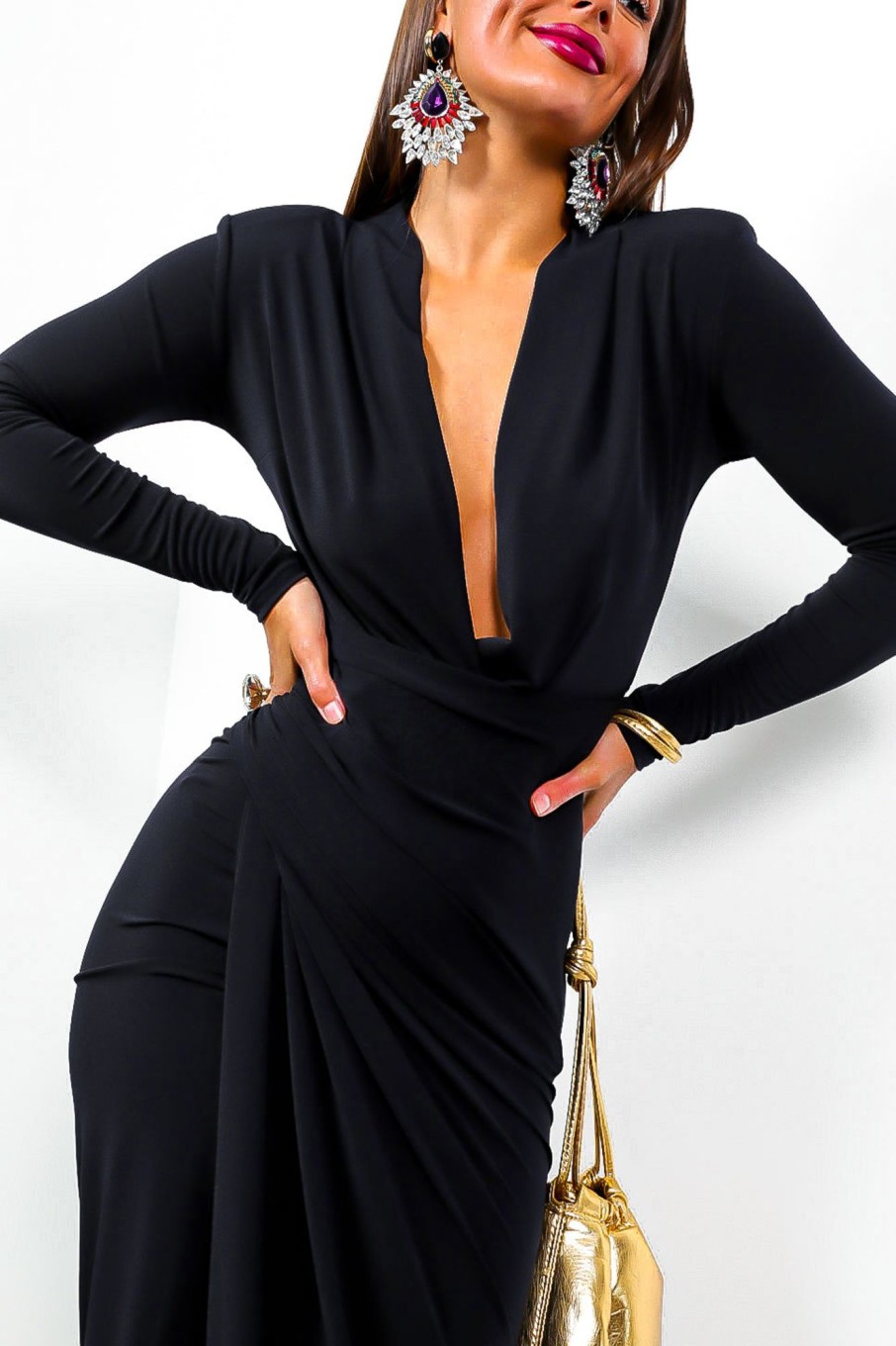 Clothing JOHN ZACK | Simple And Elegant - Black Long Sleeve Midi Dress