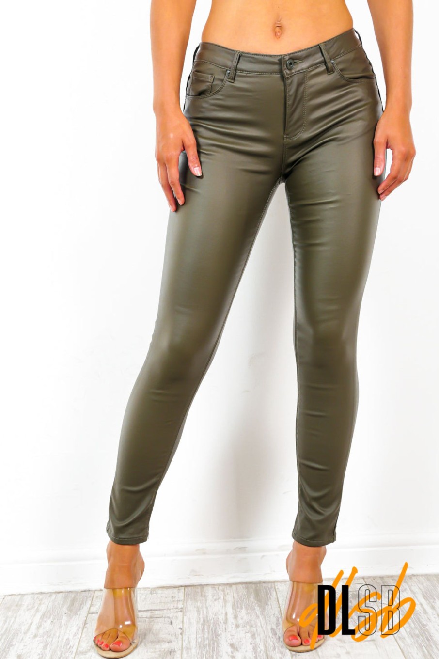 Clothing B GIRL | Keep Slaying - Khaki Wet Look Sculpting Skinny Jeans