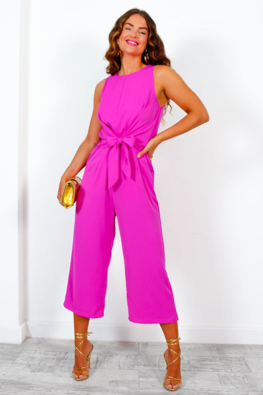 Clothing AX PARIS | Cut You Off - Hot Pink Knot Front Culotte Jumpsuit