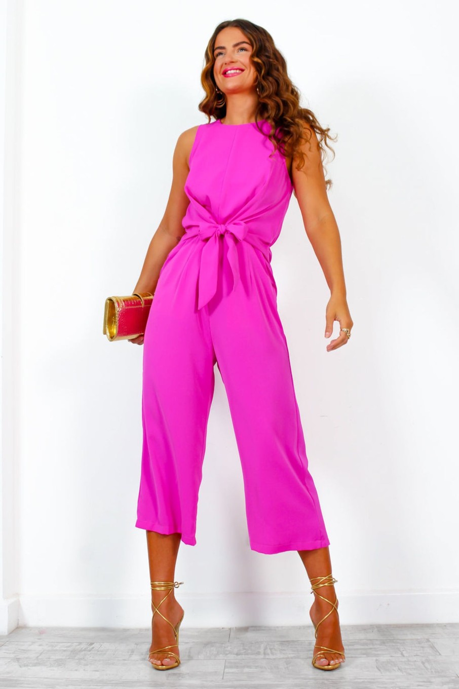 Clothing AX PARIS | Cut You Off - Hot Pink Knot Front Culotte Jumpsuit