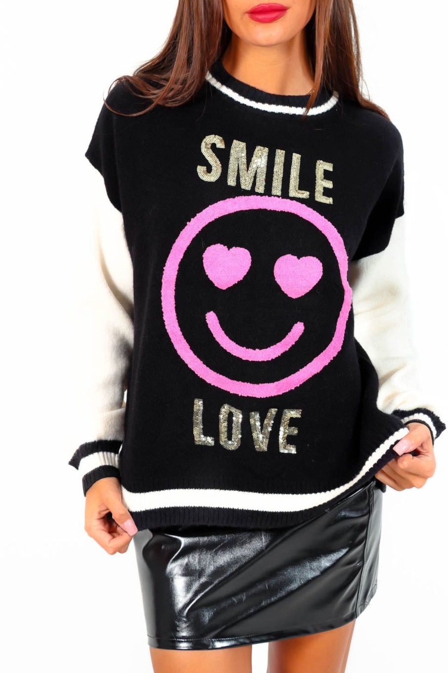 Clothing B GIRL | Knit In Love - Black Pink Smile Love Knitted Jumper Monochrome