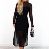 Clothing By Swan | It'S Sheer Luck - Black Long Sleeve Mesh Overlay Midi Dress