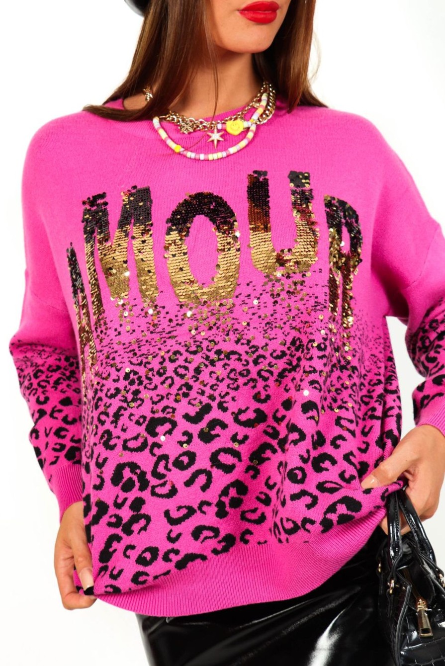 Clothing DAMES | Long Lost Love - Pink Amour Sequin Leopard Knitted Jumper