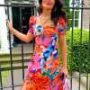 Clothing GIRL IN MIND | Floral Frenzy - Pink Orange Floral Midi Dress