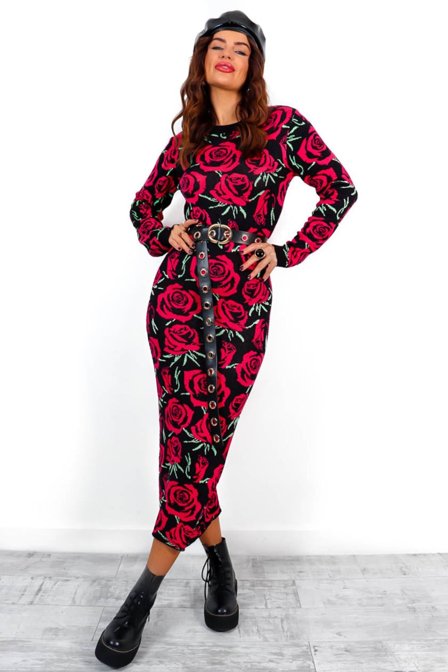 Clothing INFLUENCE | Give Me Roses - Black Red Rose Print Knitted Midi Dress