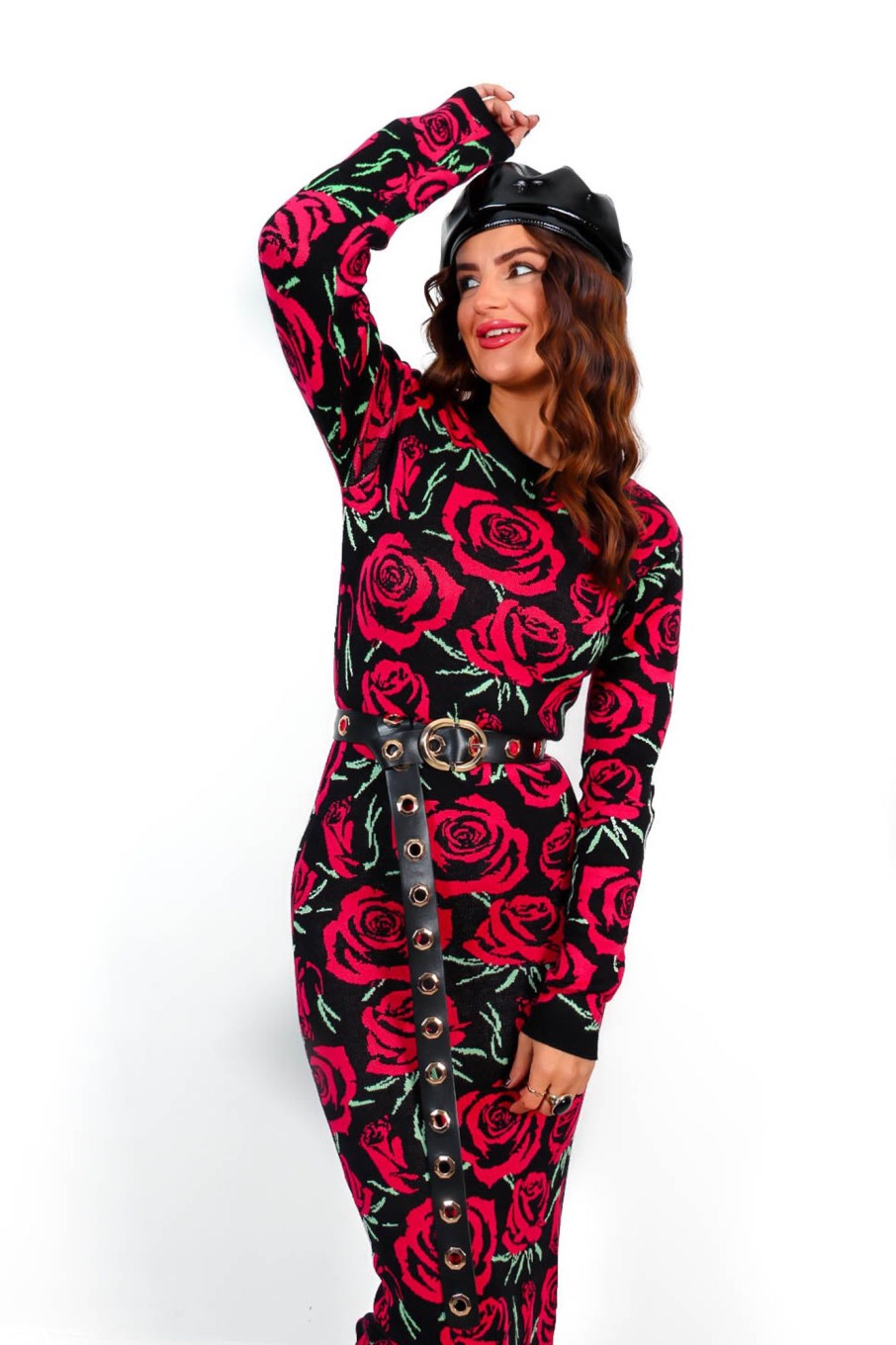 Clothing INFLUENCE | Give Me Roses - Black Red Rose Print Knitted Midi Dress