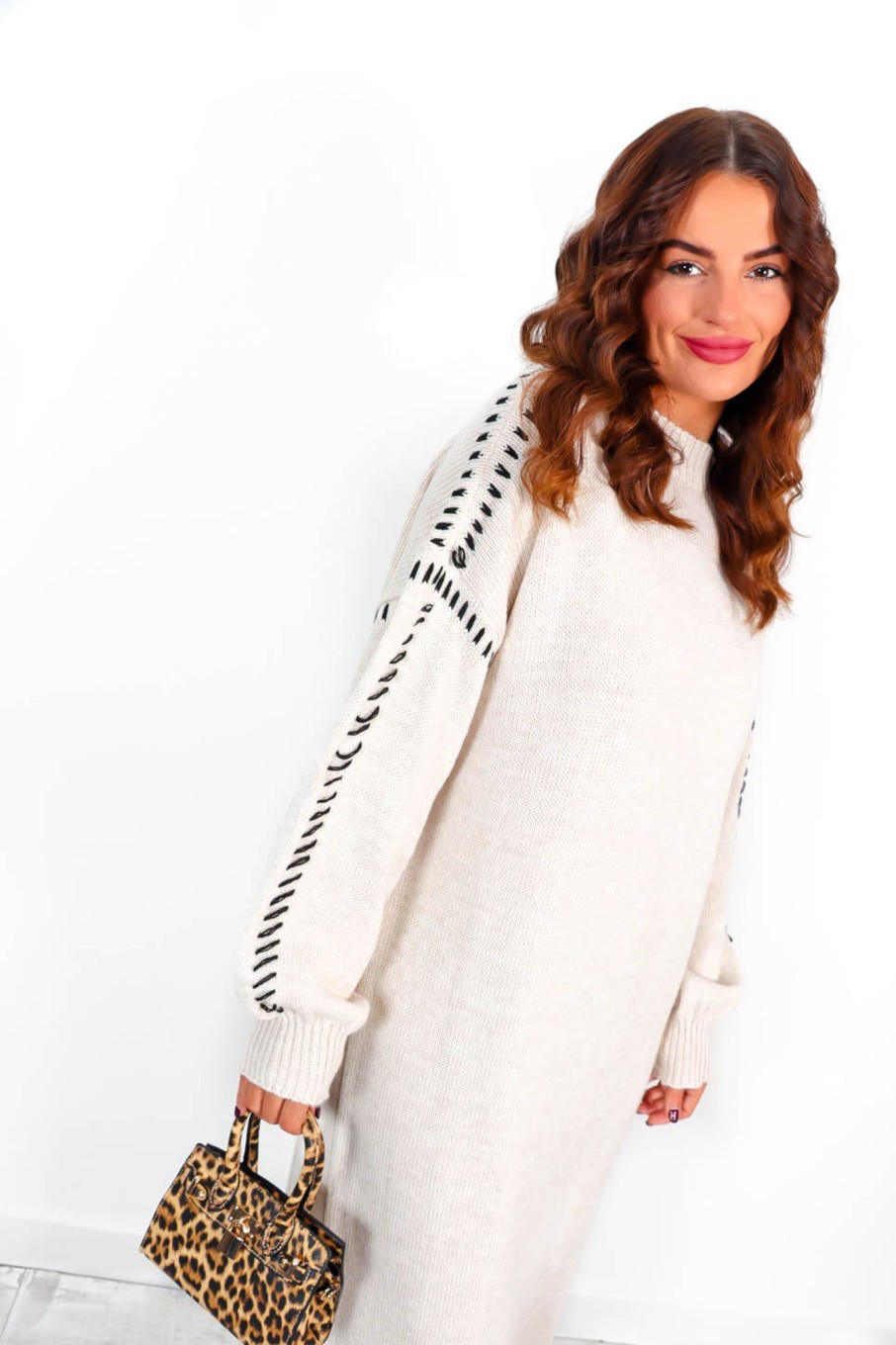 Clothing B GIRL | Fashion Moment - Oatmeal Black Stitch Detail Knitted Dress Neutral