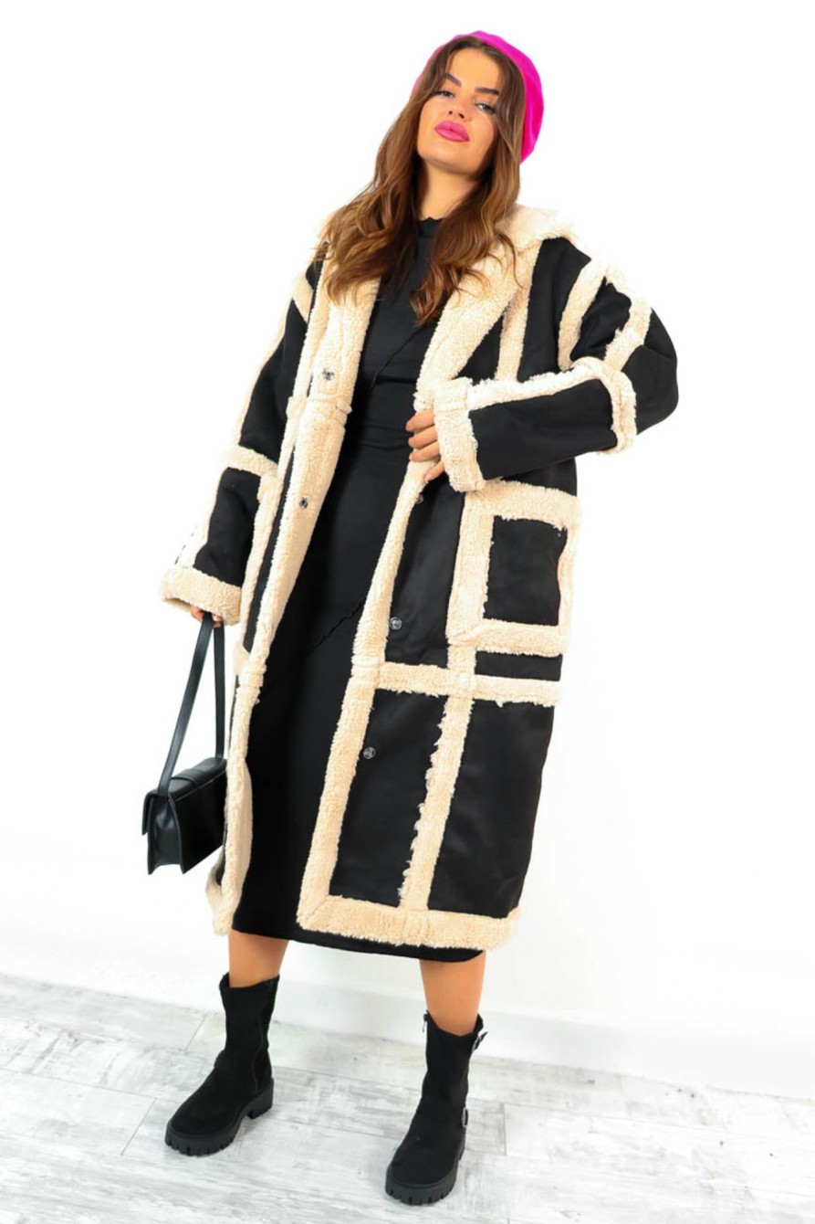 Clothing K-ZELL | Chic And Cosy Cream Faux Shearling Longline Coat Black