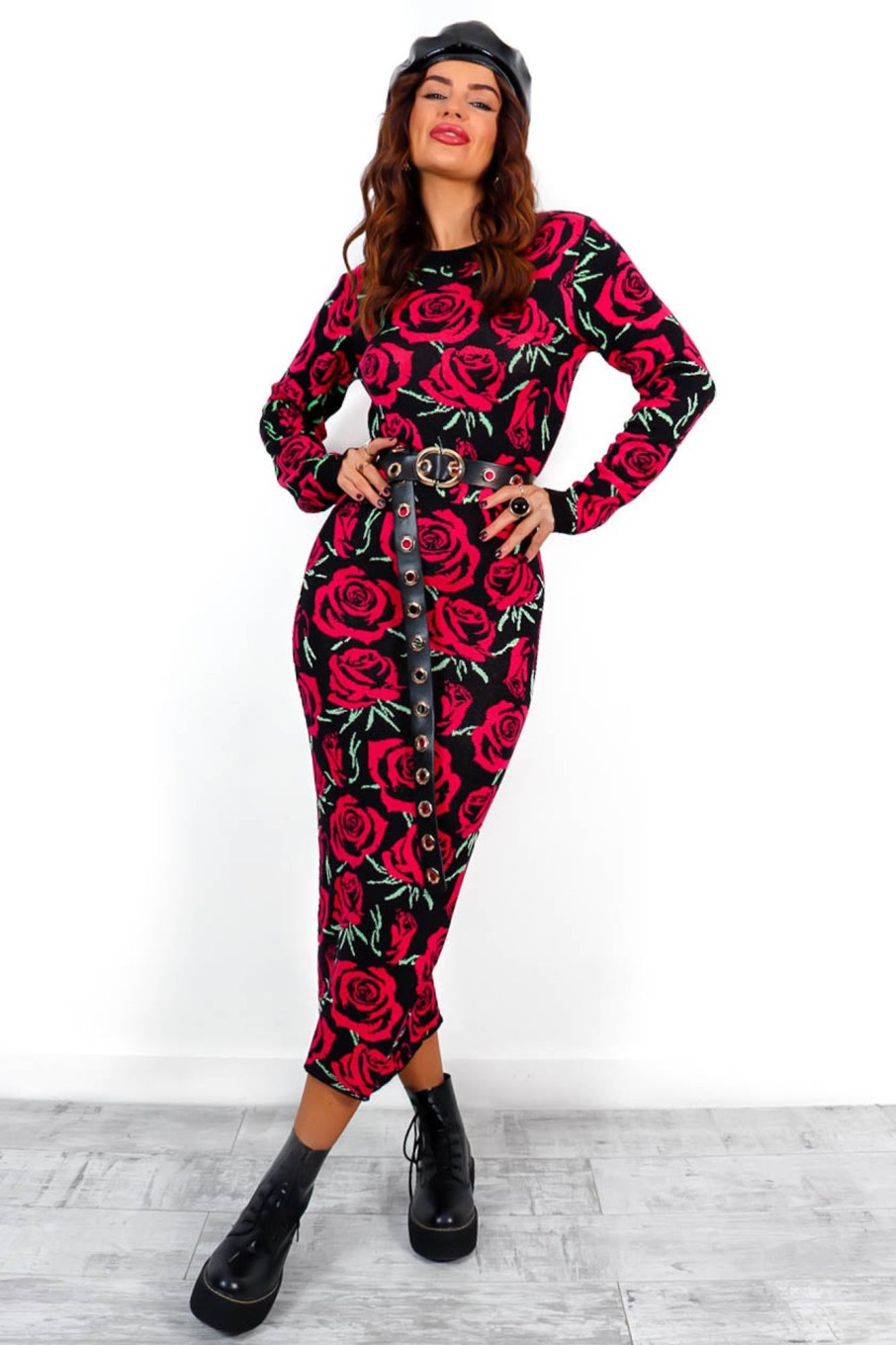 Clothing INFLUENCE | Give Me Roses - Black Red Rose Print Knitted Midi Dress