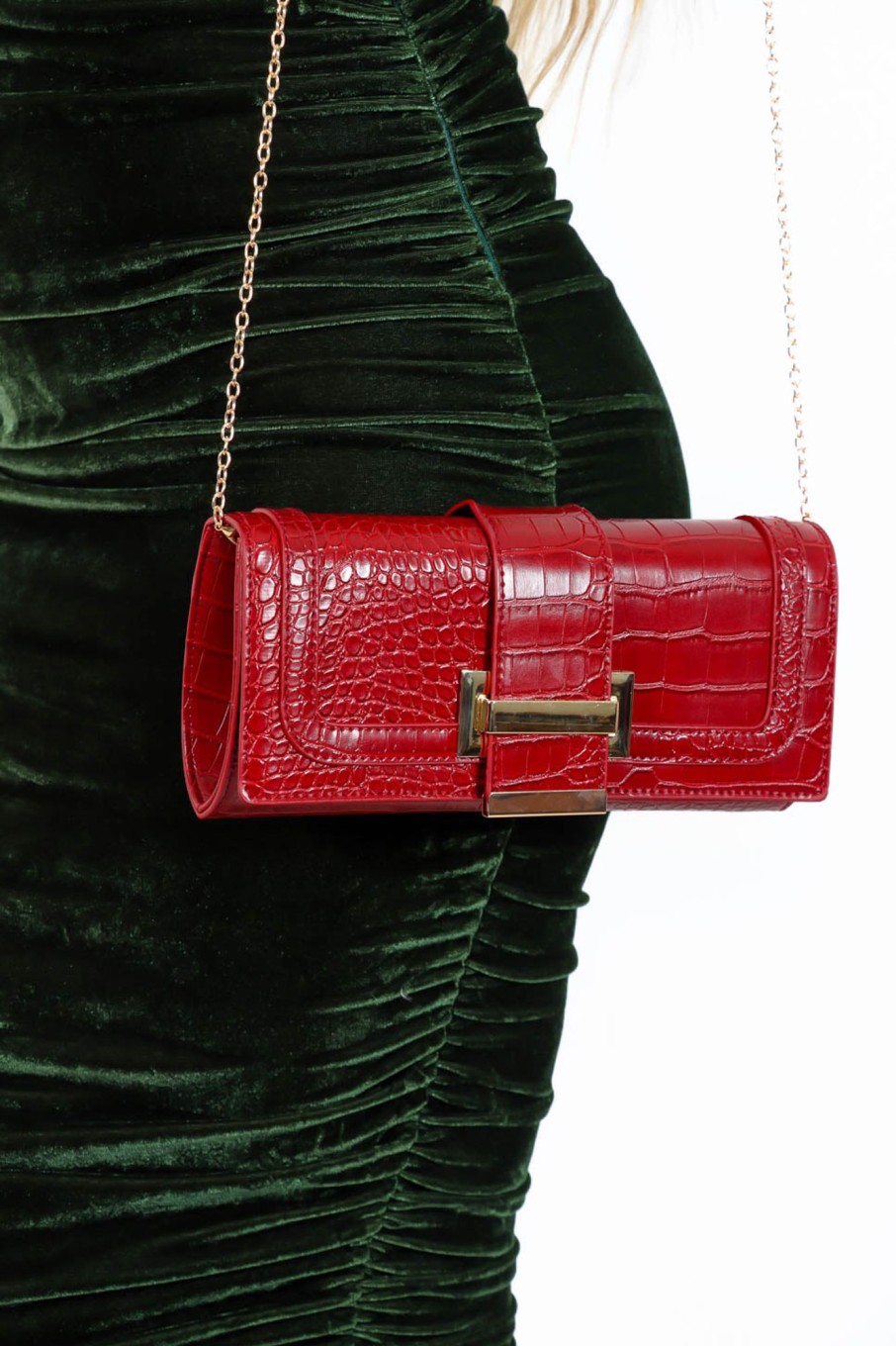 Accessories KOKO FASHION | Crossed The Line - Wine Gold Croc Clutch Bag Red