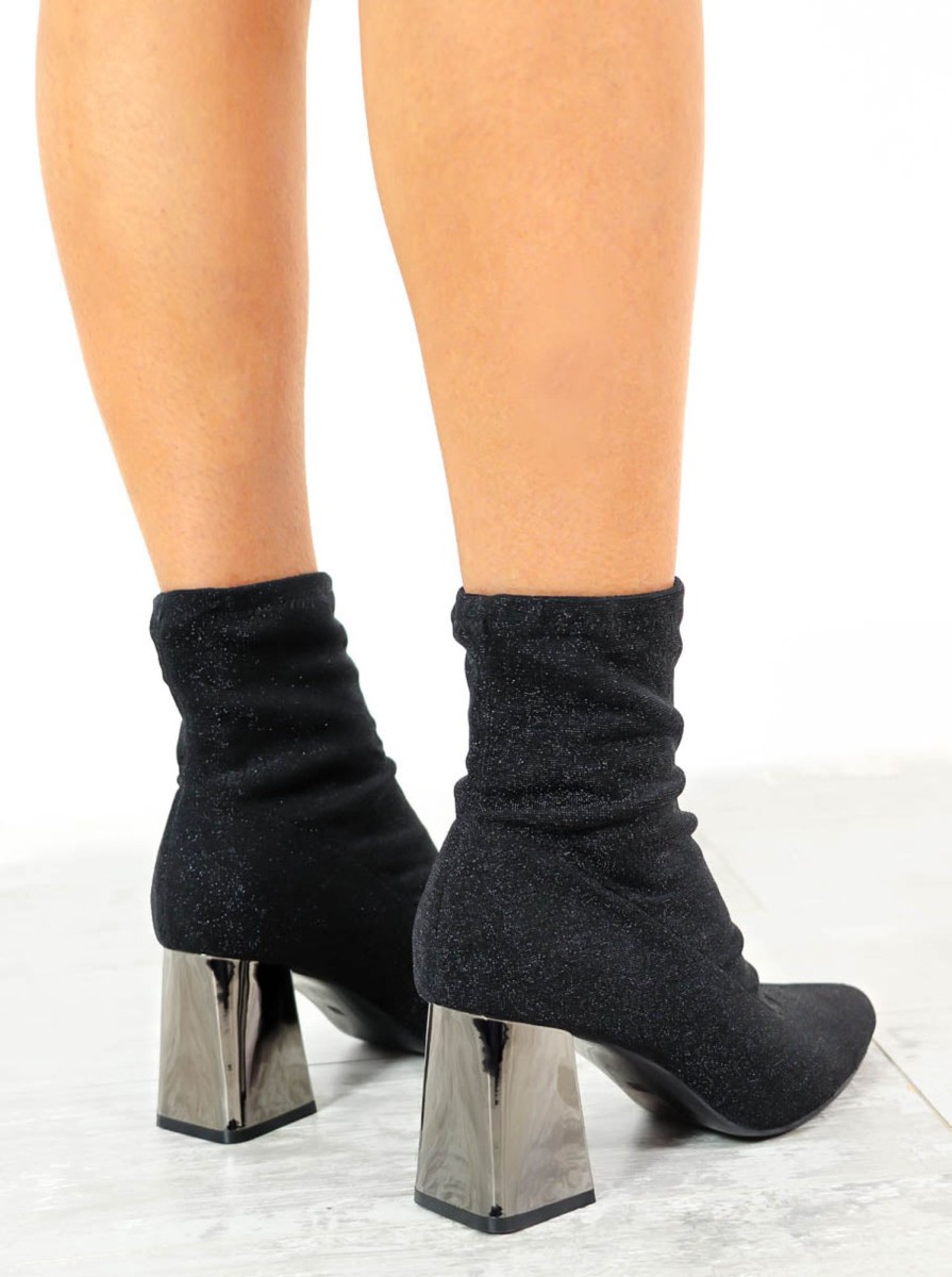 Footwear Ideal Shoes | Put A Sock In It - Black Silver Lurex Heeled Sock Boots