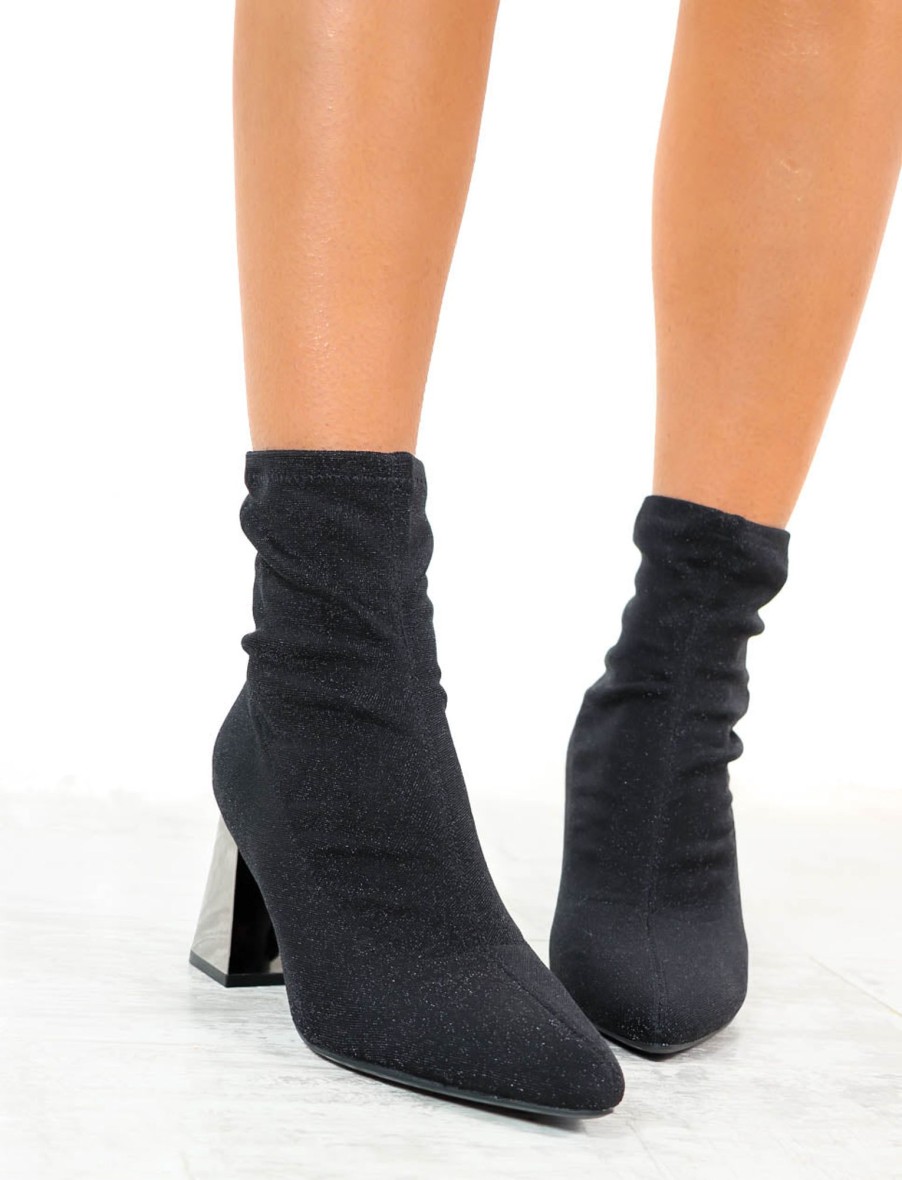 Footwear Ideal Shoes | Put A Sock In It - Black Silver Lurex Heeled Sock Boots