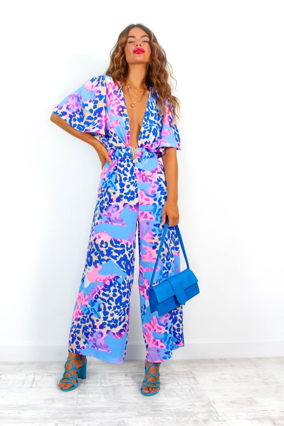 Clothing Flamant Rose | Jump Right In - Blue Pink Leopard Belted Jumpsuit