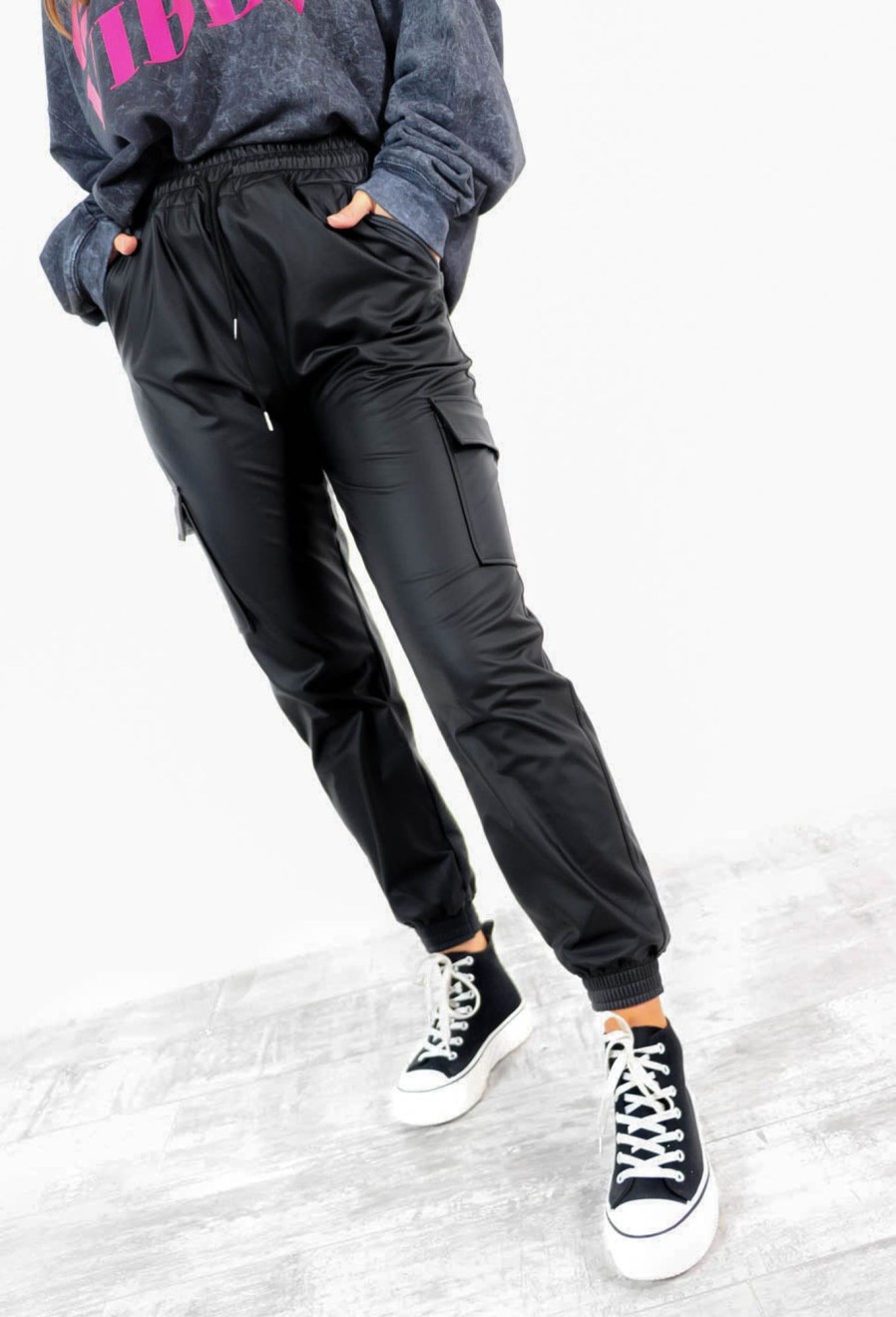 Clothing Babez | Jog On - Black Pu Cargo Joggers