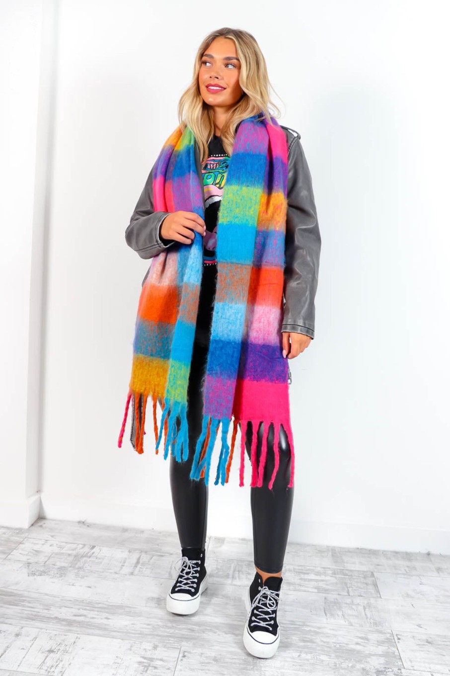 Accessories B GIRL | Check The Fit - Pink Check Wool Tassel Scarf Multi