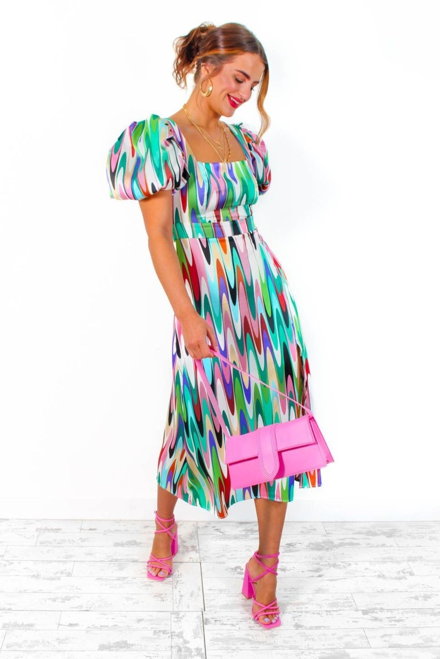 Clothing GIRL IN MIND | Last But Not Least - Multi Abstract Puff Sleeve Midi Dress