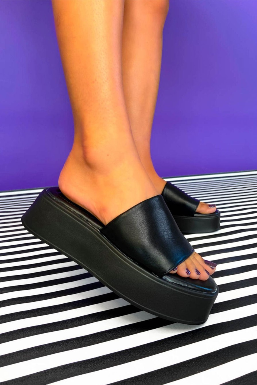 Footwear DRESS ME FASHION | Keep On Moving - Black Chunky Platform Pu Sliders