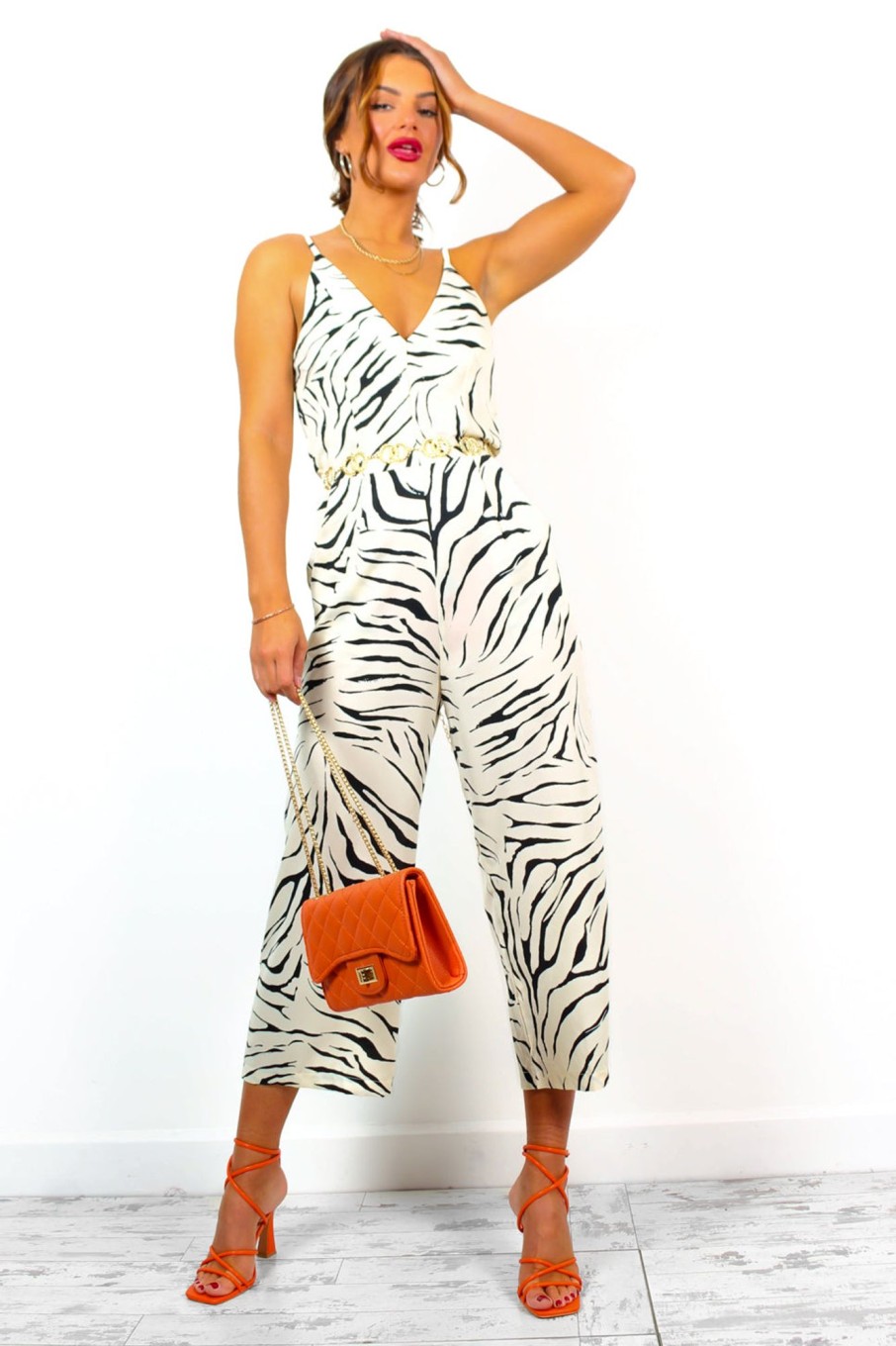 Clothing AX PARIS | Dont Cut Me Off - Champagne Zebra Print Culotte Jumpsuit