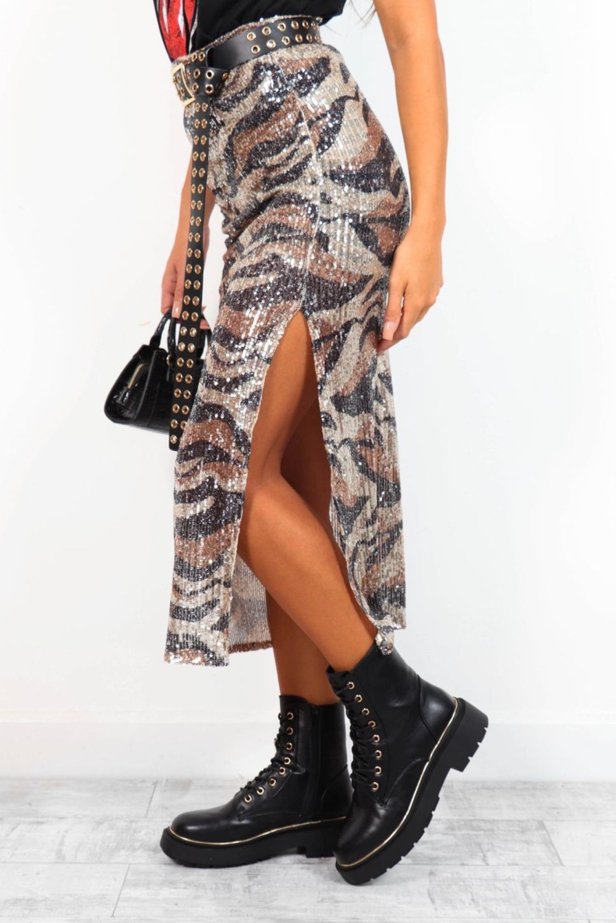 Clothing B GIRL | Sassy In Sequin - Beige Animal Print Sequin Midi Skirt Neutral