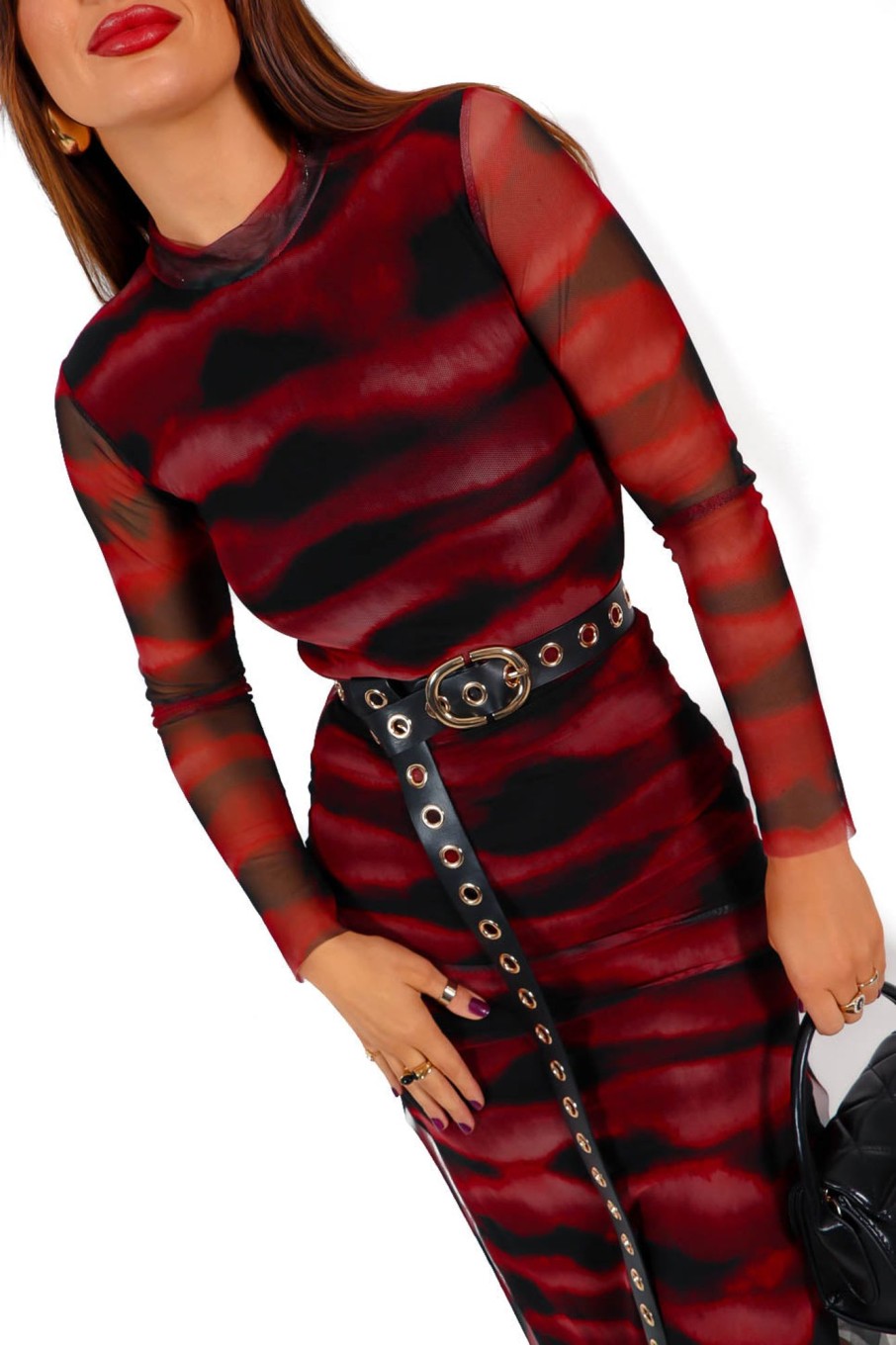 Clothing BGIRL | Utterly Obsessed - Wine Black Tie-Dye Mesh Midi Dress Red