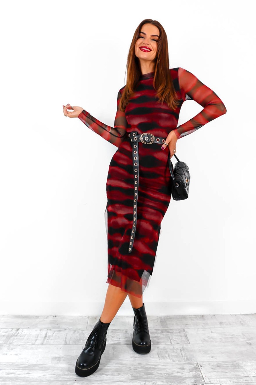 Clothing BGIRL | Utterly Obsessed - Wine Black Tie-Dye Mesh Midi Dress Red