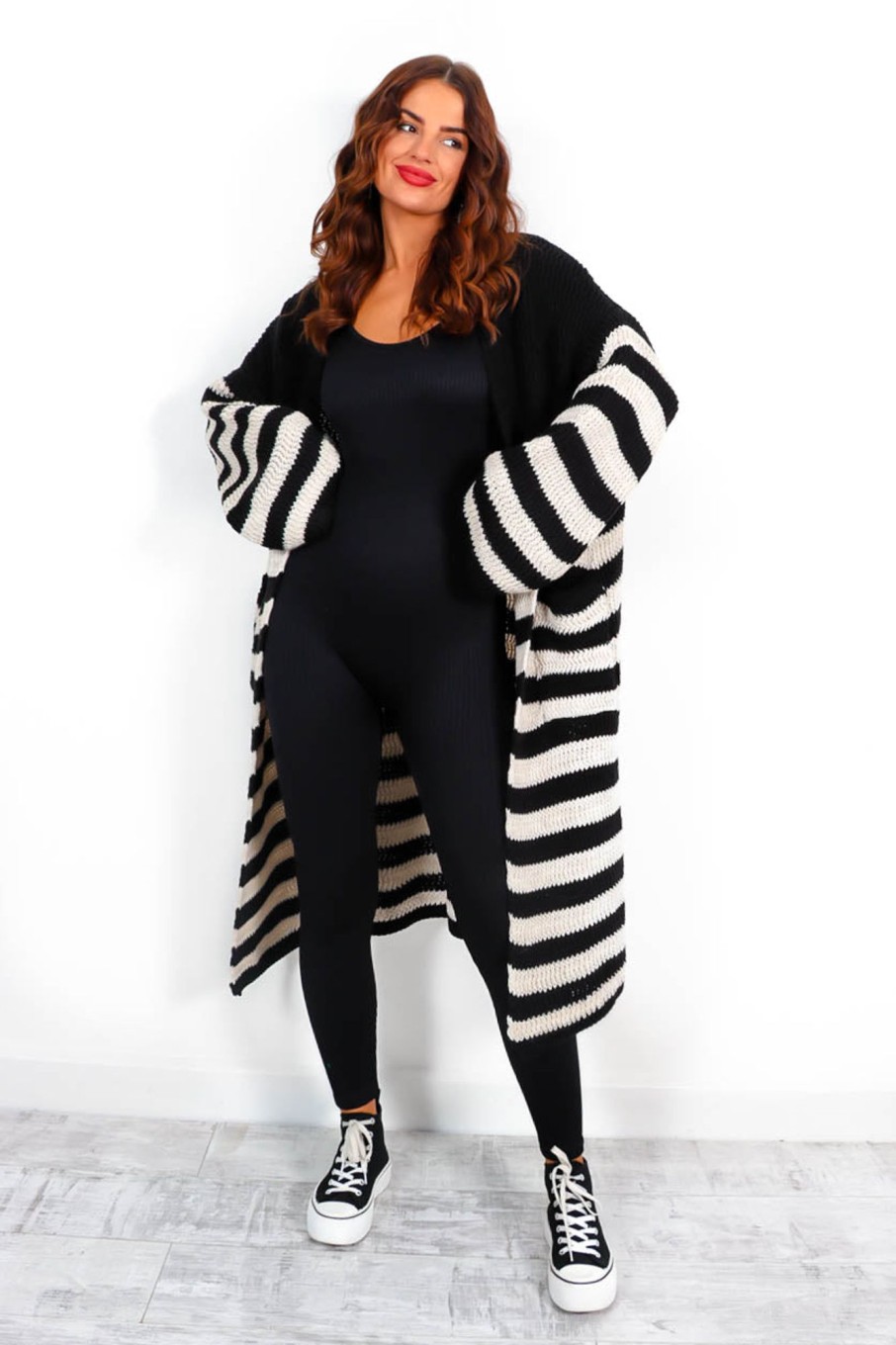 Clothing BABEZ FASHION | Who'S Your Stripe? Cream Knitted Longline Cardigan Black