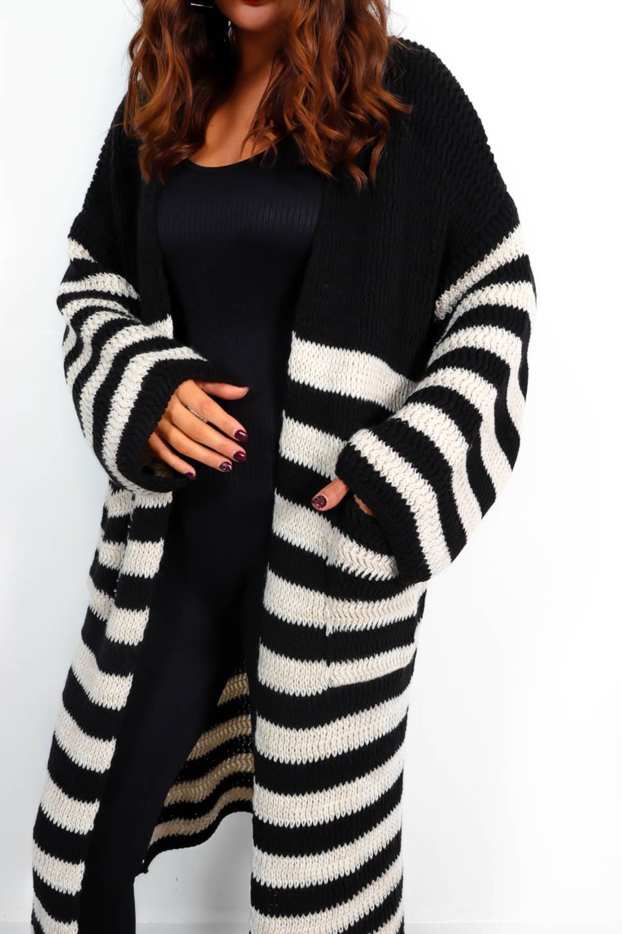 Clothing BABEZ FASHION | Who'S Your Stripe? Cream Knitted Longline Cardigan Black