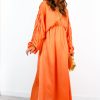 Clothing B GIRL | Sleeve An Impression - Orange Ruched Sleeve Plunge Maxi Dress