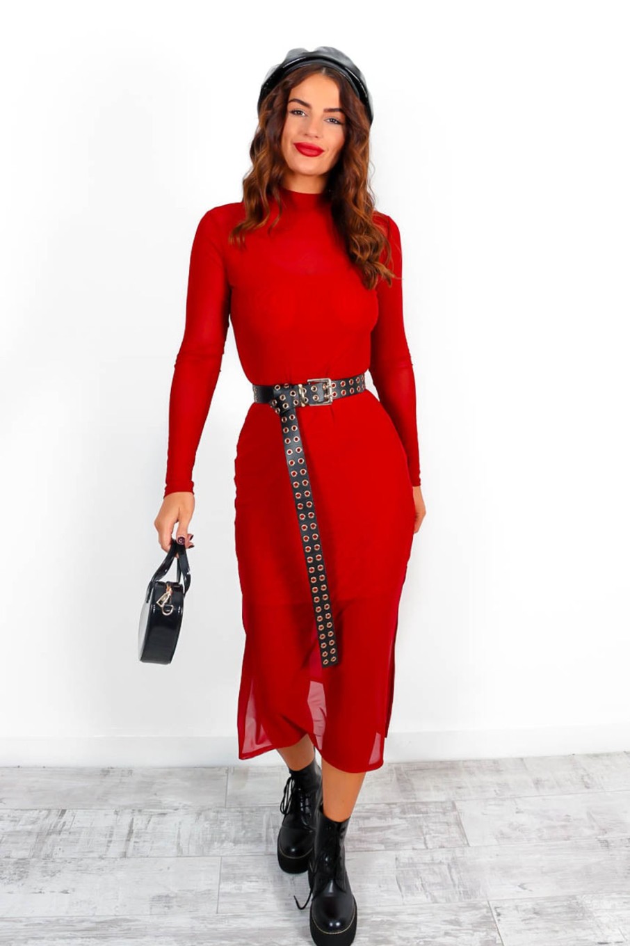 Clothing By Swan | It'S Sheer Luck Long Sleeve Mesh Overlay Midi Dress Wine