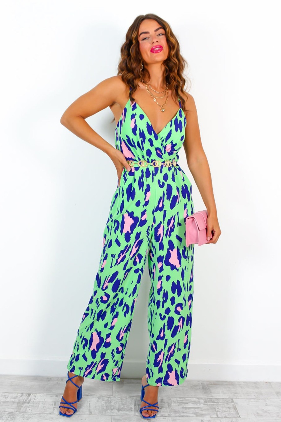 Clothing NOVA OF LONDON | Be Fierce - Green Purple Blush Leopard Print Jumpsuit