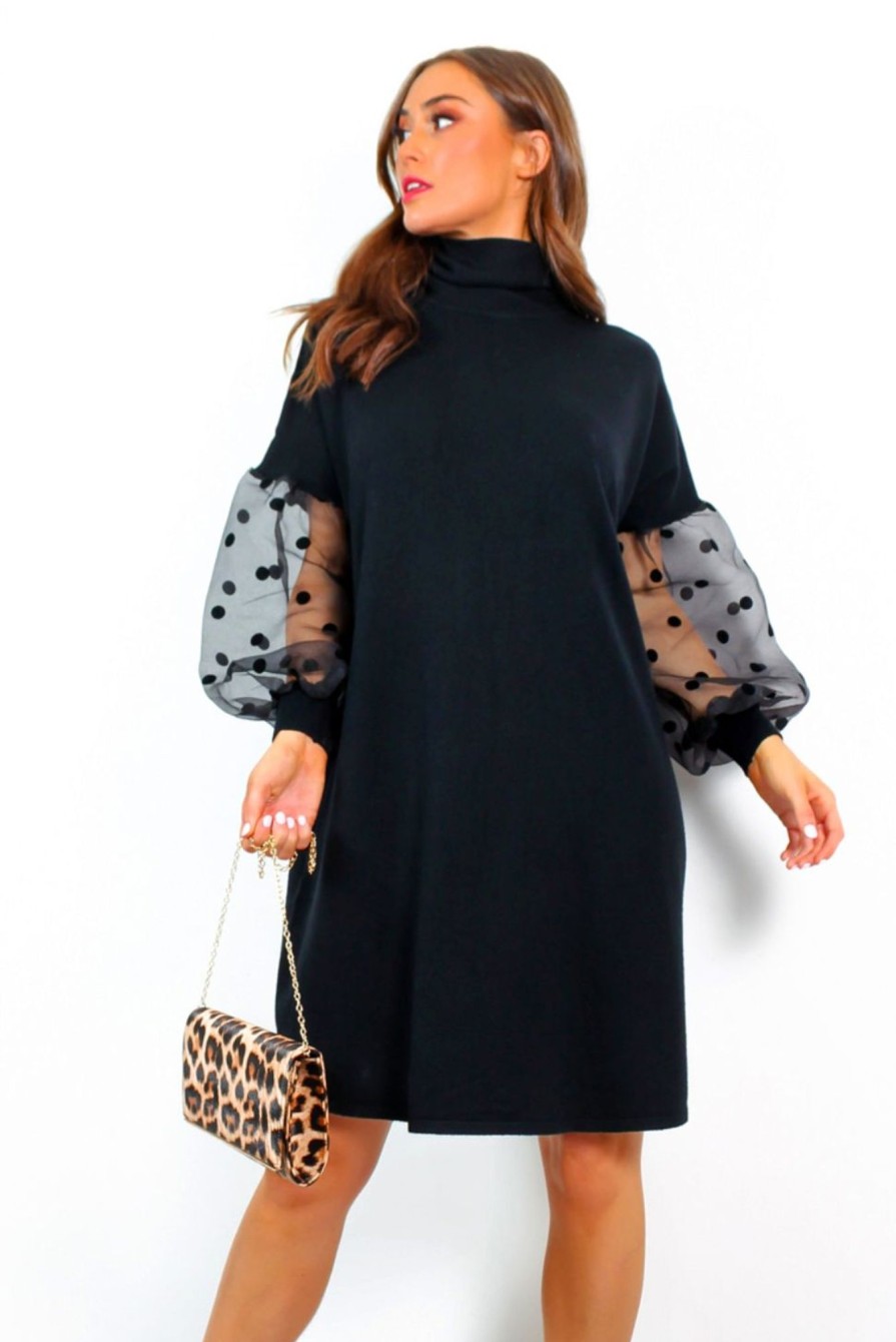 Clothing B GIRL | Forget Me Dot Mesh Sleeve Roll Neck Knitted Dress Black