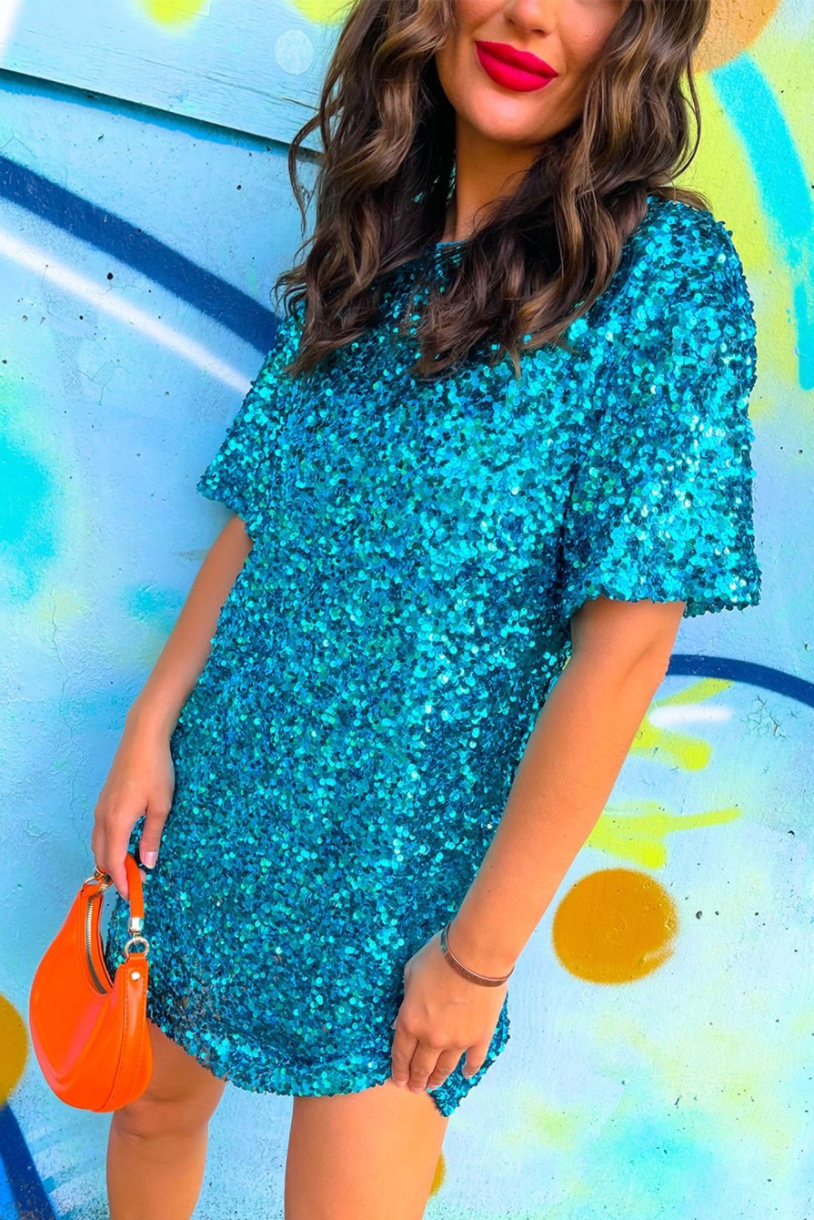 Clothing GIRL IN MIND | Glow Get It Sequin Mini T-Shirt Dress Blue