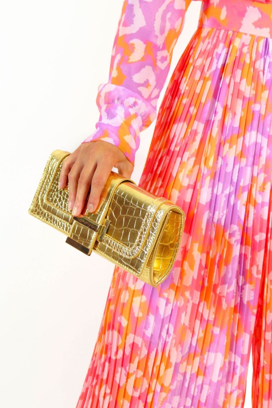 Accessories KOKO FASHION | Crossed The Line - Gold Croc Print Crossbody Bag