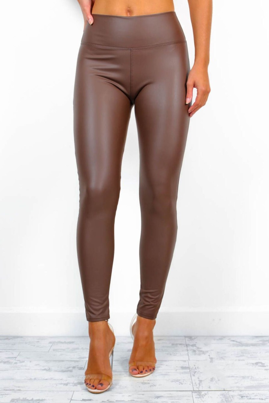 Clothing B GIRL | Leather Let Me Go - Brown Faux Leather Leggings