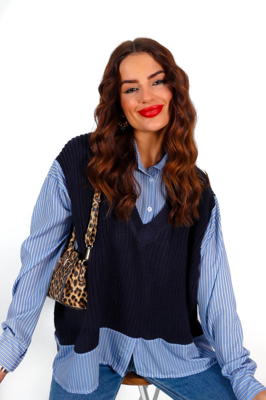 Clothing B GIRL | She'S Preppy - Black Blue Stripe Knitted Vest & Shirt 2 In 1