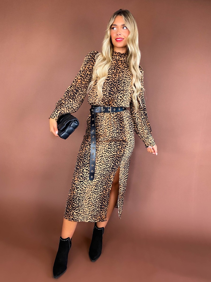 Clothing AX PARIS | Wild Instincts - Beige High Neck Animal Print Midi Dress