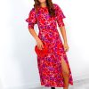 Clothing GIRL IN MIND | Cuff It Up - Red Purple Floral Print Midi Dress