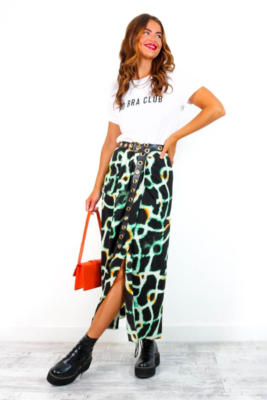 Clothing Babez | Tame Me Cream Animal Print Gathered Midi Skirt Black